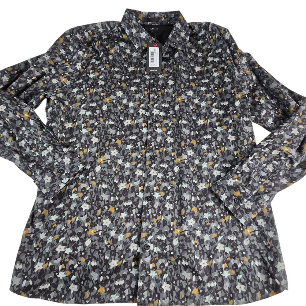 Ted Baker Dress Shirt Button Down Short Sleeve Gray Floral Print $175 Size 7 3XL